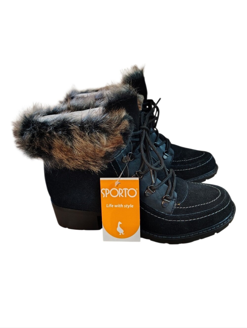 NWT Sporto Holly Suede Boot Bootie Faux Fur Trim Lace Up Block Heel